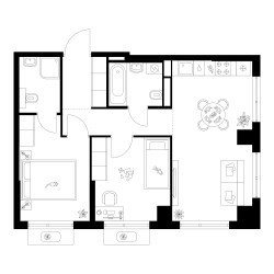 Планировка двухкомнатной(квартира) площадью 54.9 квадратных метров в ЖК “Квартал Мит”