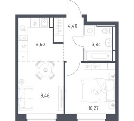 Планировка однокомнатной(квартира) площадью 34.57 квадратных метров в ЖК “ЖК Новое Видное”