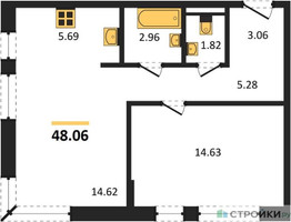 Планировка однокомнатной(квартира) площадью 48.06 квадратных метров в “ЖК Егорово Парк”