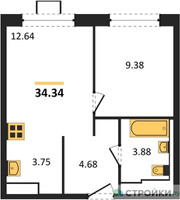 Планировка однокомнатной(квартира) площадью 34.34 квадратных метров в “ЖК Прибрежный Парк”
