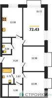 Планировка трехкомнатной(квартира) площадью 72.43 квадратных метров в “ЖК Новоград Павлино”
