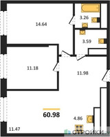 Планировка двухкомнатной(квартира) площадью 61.8 квадратных метров в “ЖК Self (Селф)”