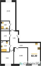 Планировка трехкомнатной(квартира) площадью 82.2 квадратных метров в ЖК “ЖК Детали”