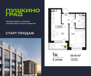 Планировка однокомнатной(квартира) площадью 39.19 квадратных метров в ЖК “ЖК Пушкино Град”