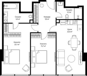 Планировка двухкомнатной(квартира) площадью 81.5 квадратных метров в ЖК “ЖК ОНЕ”