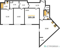 Планировка трехкомнатной(квартира) площадью 103.7 квадратных метров в “ЖК Voxhall (Воксхолл)”