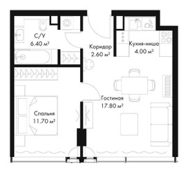 Планировка однокомнатной(квартира) площадью 42.5 квадратных метров в ЖК “ЖК Слава”
