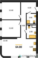 Планировка двухкомнатной(квартира) площадью 64 квадратных метров в “ЖК STONE Sokolniki (Сокольники)”