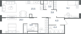Планировка трехкомнатной(квартира) площадью 77 квадратных метров в “ЖК Равновесие”
