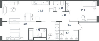 Планировка трехкомнатной(квартира) площадью 77 квадратных метров в ЖК “ЖК Равновесие”