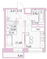 Планировка однокомнатной(квартира) площадью 32.1 квадратных метров в “ЖК Столичный”