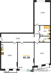 Планировка трехкомнатной(квартира) площадью 97.7 квадратных метров в ЖК “ЖК Эльйон”