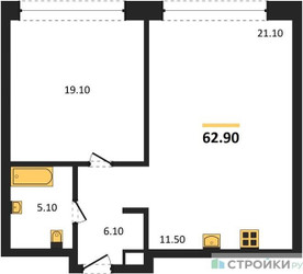 Планировка однокомнатной(квартира) площадью 62.9 квадратных метров в ЖК “ЖК Монблан”