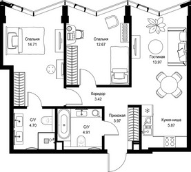 Планировка двухкомнатной(квартира) площадью 64.22 квадратных метров в ЖК “Дом премиум-класса МИРА”
