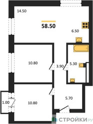 Планировка двухкомнатной(квартира) площадью 58.5 квадратных метров в ЖК “ЖК Квартал Метроном”