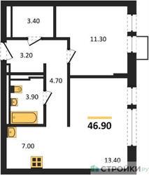 Планировка однокомнатной(квартира) площадью 46.9 квадратных метров в ЖК “ЖК Квартал Западный”