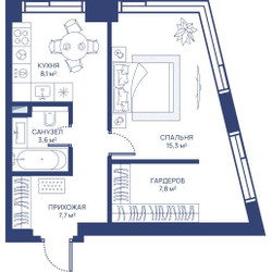 Планировка однокомнатной(квартира) площадью 42.5 квадратных метров в ЖК “ЖК Свет”