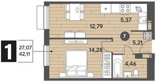 Планировка однокомнатной(квартира) площадью 42.11 квадратных метров в “ЖК Публицист”