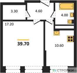 Планировка однокомнатной(квартира) площадью 39.7 квадратных метров в ЖК “ЖК Пушкино Град”