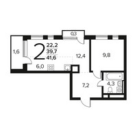 Планировка двухкомнатной(квартира) площадью 41.6 квадратных метров в “Новые Ватутинки. Заречный”