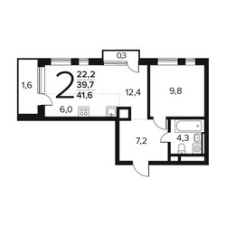 Планировка двухкомнатной(квартира) площадью 41.6 квадратных метров в ЖК “Новые Ватутинки. Заречный”