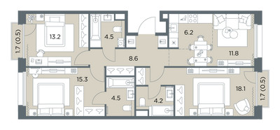 Планировка 4+ комнатной(квартира) площадью 87.4 квадратных метров в ЖК “ЖК Станиславский”