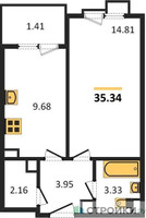 Планировка однокомнатной(апартаменты) площадью 35.34 квадратных метров в “ЖК Равновесие”
