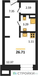 Планировка студии(апартаменты) площадью 26.71 квадратных метров в “ЖК N’ICE LOFT (Найс Лофт)”