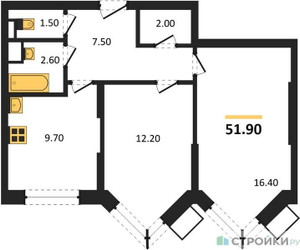 Планировка двухкомнатной(квартира) площадью 51.9 квадратных метров в ЖК “ЖК Видный берег 2”