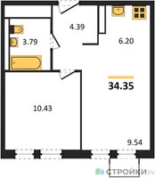 Планировка однокомнатной(квартира) площадью 34.35 квадратных метров в “ЖК Горки Парк”
