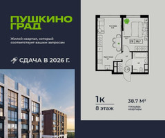 Планировка однокомнатной(квартира) площадью 38.7 квадратных метров в “ЖК Пушкино Град”