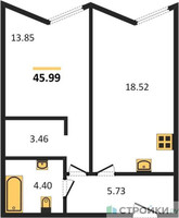 Планировка однокомнатной(апартаменты) площадью 45.99 квадратных метров в “ЖК Insider (Инсайдер)”