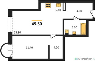 Планировка однокомнатной(квартира) площадью 45.5 квадратных метров в “ЖК Новые смыслы”