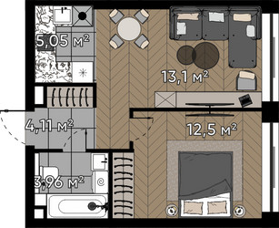 Планировка однокомнатной(квартира) площадью 38.7 квадратных метров в ЖК “ЖК Квартал Серебряный бор”