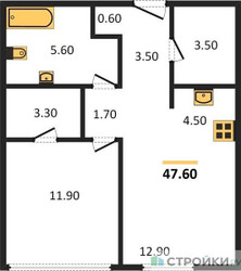Планировка однокомнатной(квартира) площадью 47 квадратных метров в ЖК “ЖК SHIFT (Шифт)”