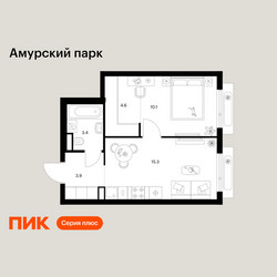 Планировка однокомнатной(квартира) площадью 37.3 квадратных метров в ЖК “ЖК Амурский парк”