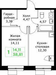 Планировка однокомнатной(квартира) площадью 38.81 квадратных метров в ЖК “ЖК КИТ 2”