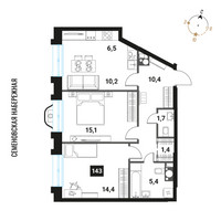 Планировка трехкомнатной(квартира) площадью 65.1 квадратных метров в “ЖК Интеллигент”