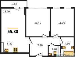 Планировка двухкомнатной(квартира) площадью 55.8 квадратных метров в “ЖК Белые Ночи”
