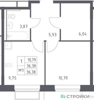 Планировка однокомнатной(квартира) площадью 36.38 квадратных метров в “ЖК Квартал Западный”