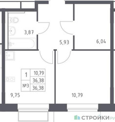 Планировка однокомнатной(квартира) площадью 36.38 квадратных метров в ЖК “ЖК Квартал Западный”