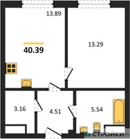 Планировка однокомнатной(квартира) площадью 40.39 квадратных метров в “ЖК Sezar City (Сезар Сити)”