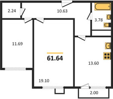 Планировка двухкомнатной(квартира) площадью 61.64 квадратных метров в “ЖК Катуар”