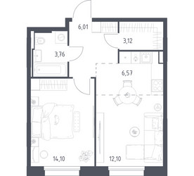 Планировка однокомнатной(квартира) площадью 45.66 квадратных метров в ЖК “ЖК Заречье Парк”