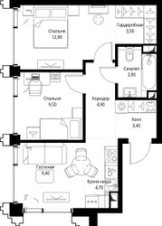 Планировка двухкомнатной(квартира) площадью 52.7 квадратных метров в ЖК “ЖК СЕТ”