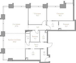 Планировка двухкомнатной(квартира) площадью 123.5 квадратных метров в ЖК “ЖК Коллекция Лужники”