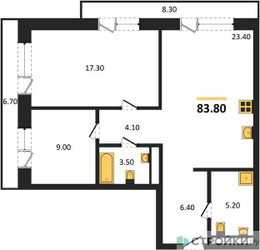 Планировка двухкомнатной(квартира) площадью 83.8 квадратных метров в ЖК “ЖК МОНС”