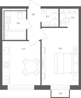 Планировка однокомнатной(квартира) площадью 38.4 квадратных метров в “ЖК Равновесие”