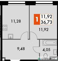 Планировка однокомнатной(апартаменты) площадью 36.73 квадратных метров в “ЖК Движение. Говорово”