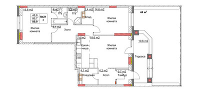 Планировка трехкомнатной(квартира) площадью 91.4 квадратных метров в ЖК “ЖК Клюквенный”